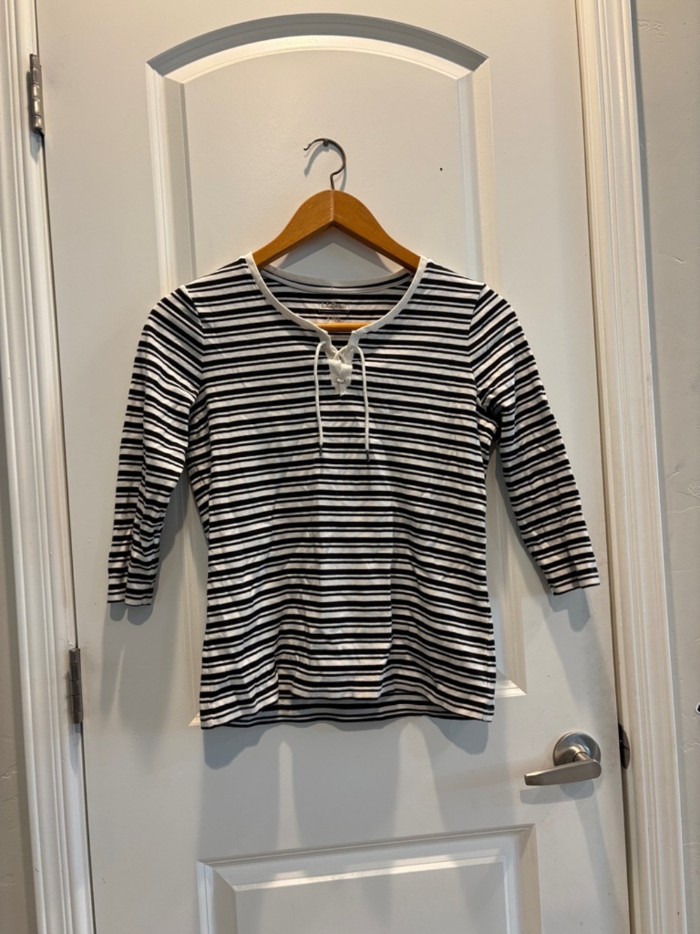 L.L. Bean Black & White Striped Lace-Up Long Sleeve Tee